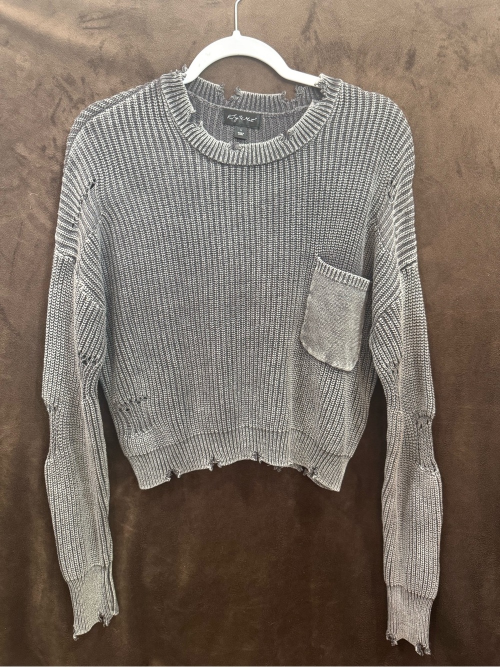 Say What? Distressed Gray Crewneck Sweater with Patch Pocket